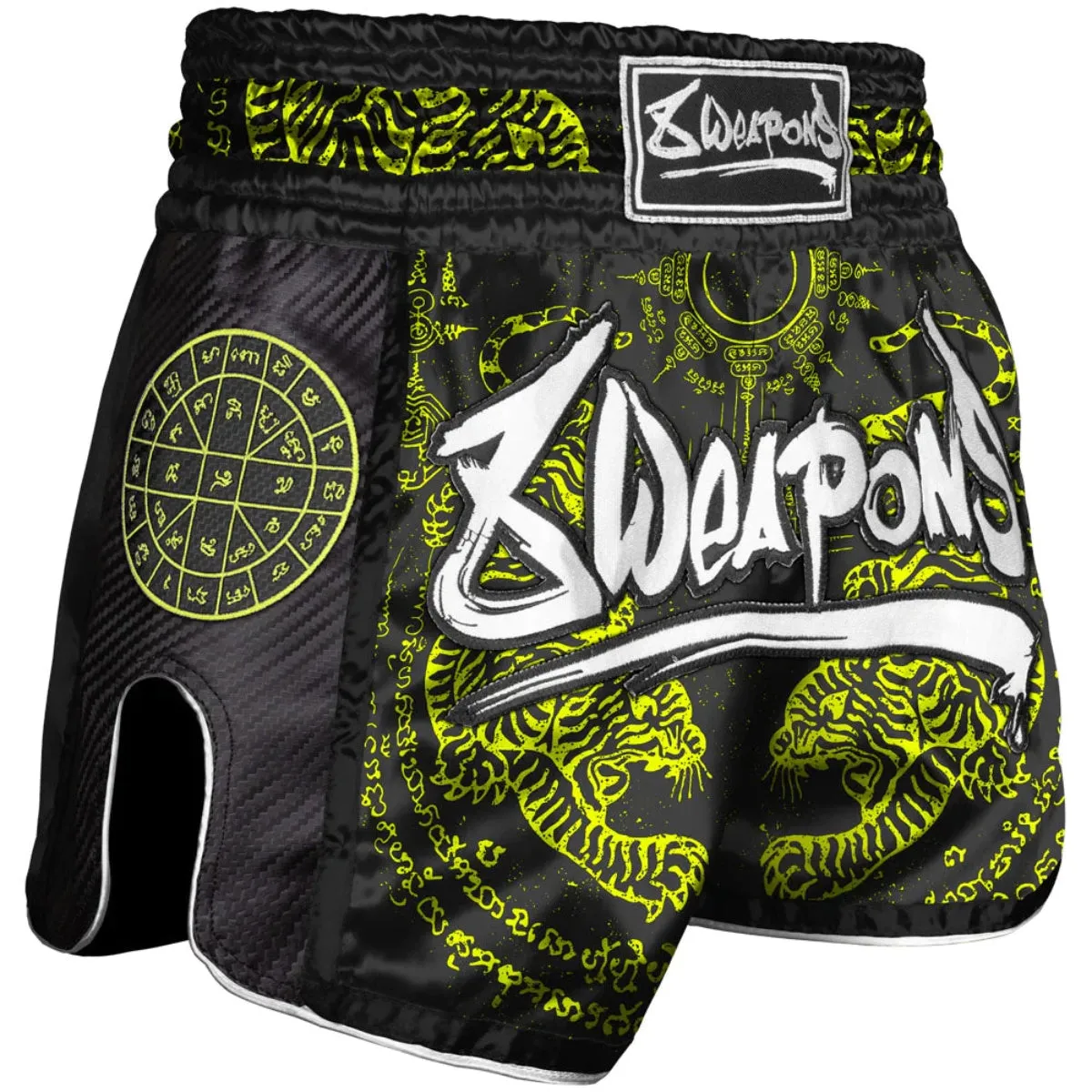 8 Weapons Sak Yant Tigers Carbon Muay Thai Shorts Neon Yellow