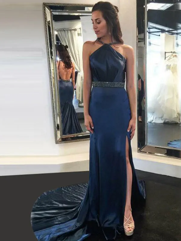 A-Line Halter Backless Court Train Dark Blue Satin Prom Dresses with Beading, TYP1272