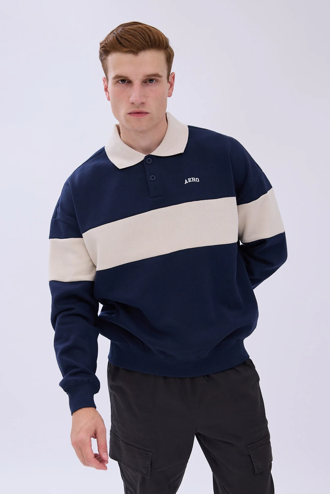 AERO Embroidered Colour Block Long Sleeve Polo