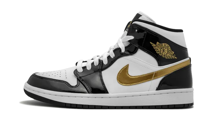 Air Jordan 1 Mid Patent Black White Gold