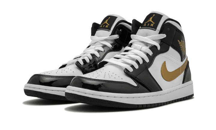 Air Jordan 1 Mid Patent Black White Gold