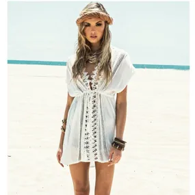 Beach Trip Honeymoon Deep V Neck White Crochet Lace Beach Dress Cover Ups