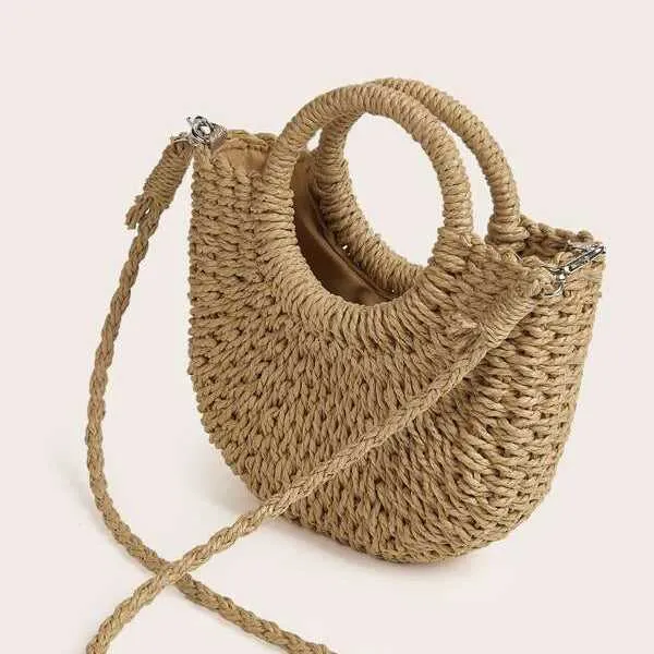 Bohemian Style Handwoven Straw Half-Round Rattan Bag