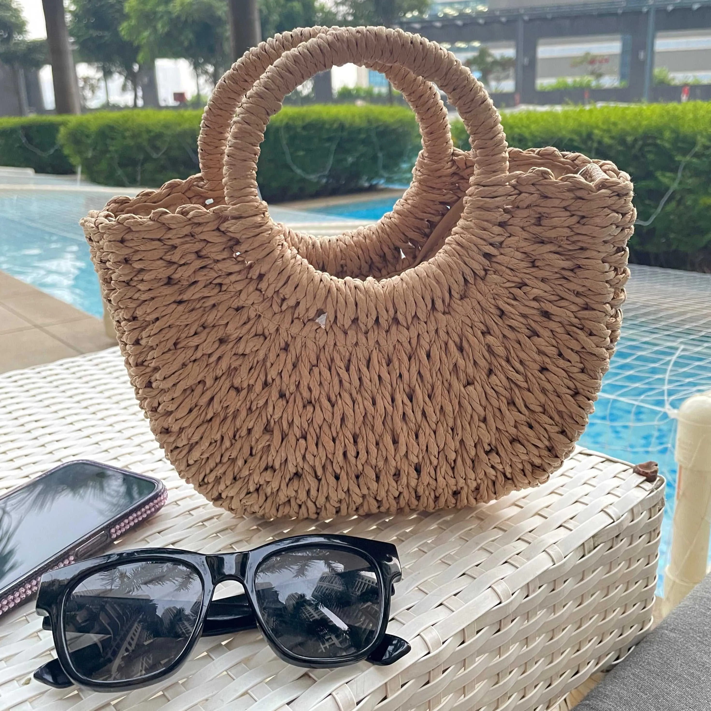 Bohemian Style Handwoven Straw Half-Round Rattan Bag