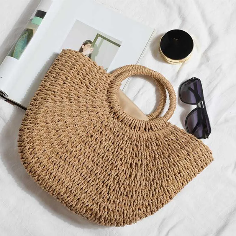 Bohemian Style Handwoven Straw Half-Round Rattan Bag