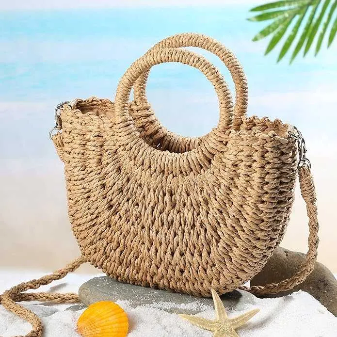 Bohemian Style Handwoven Straw Half-Round Rattan Bag