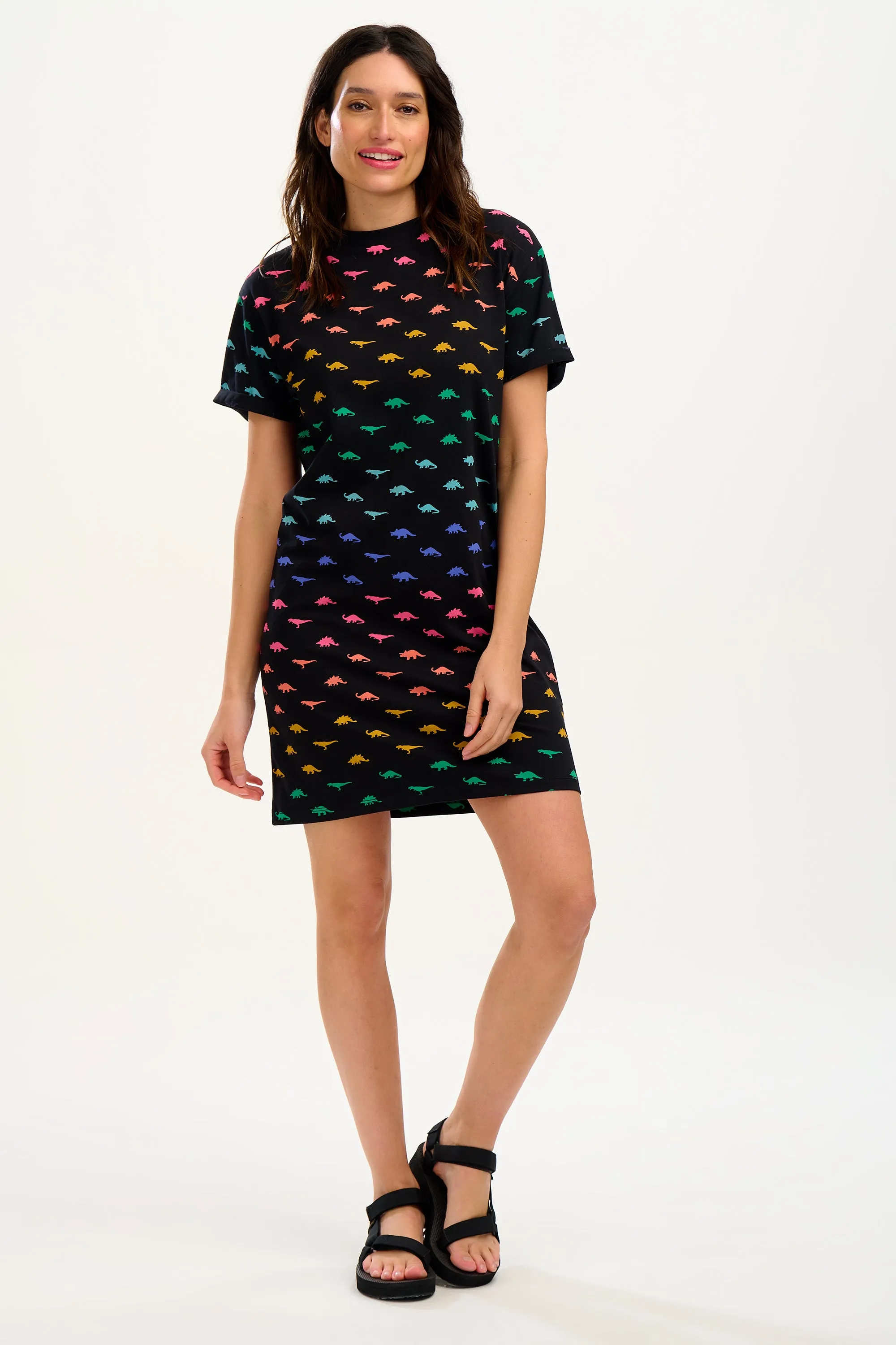 Brandie T-shirt Dress - Black, Jurassic Jive Rainbow