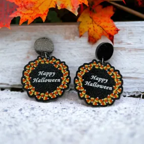 Happy Halloween Earrings - Halloween Earrings, Candy Corn, Halloween Teacher, Black and Orange