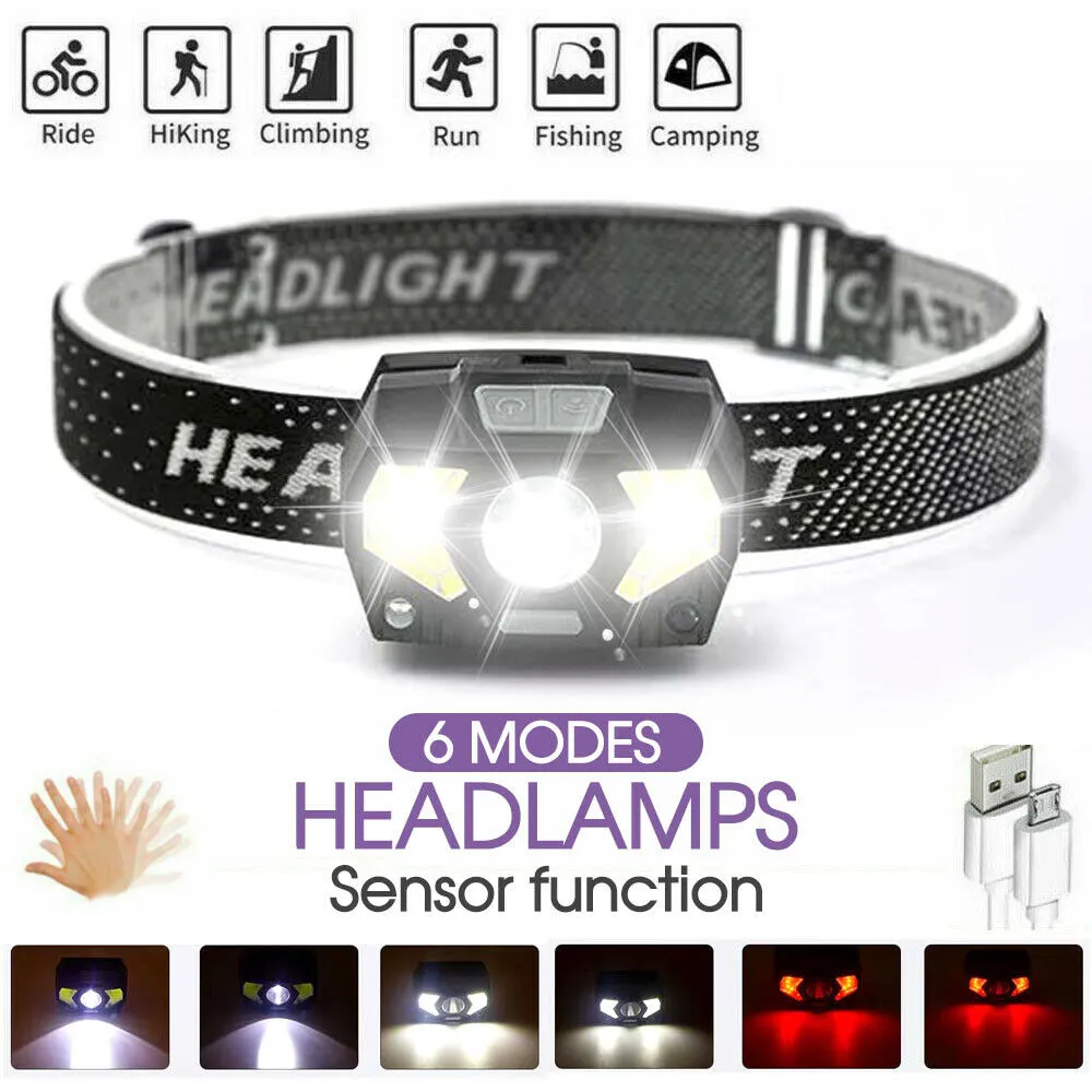 Head Torch LED Headlight COB Camping Headlamp USB Rechargeable