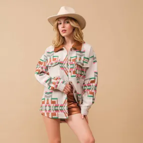 Jacquard Western Shirt Jacket with Aztec Style Pattern