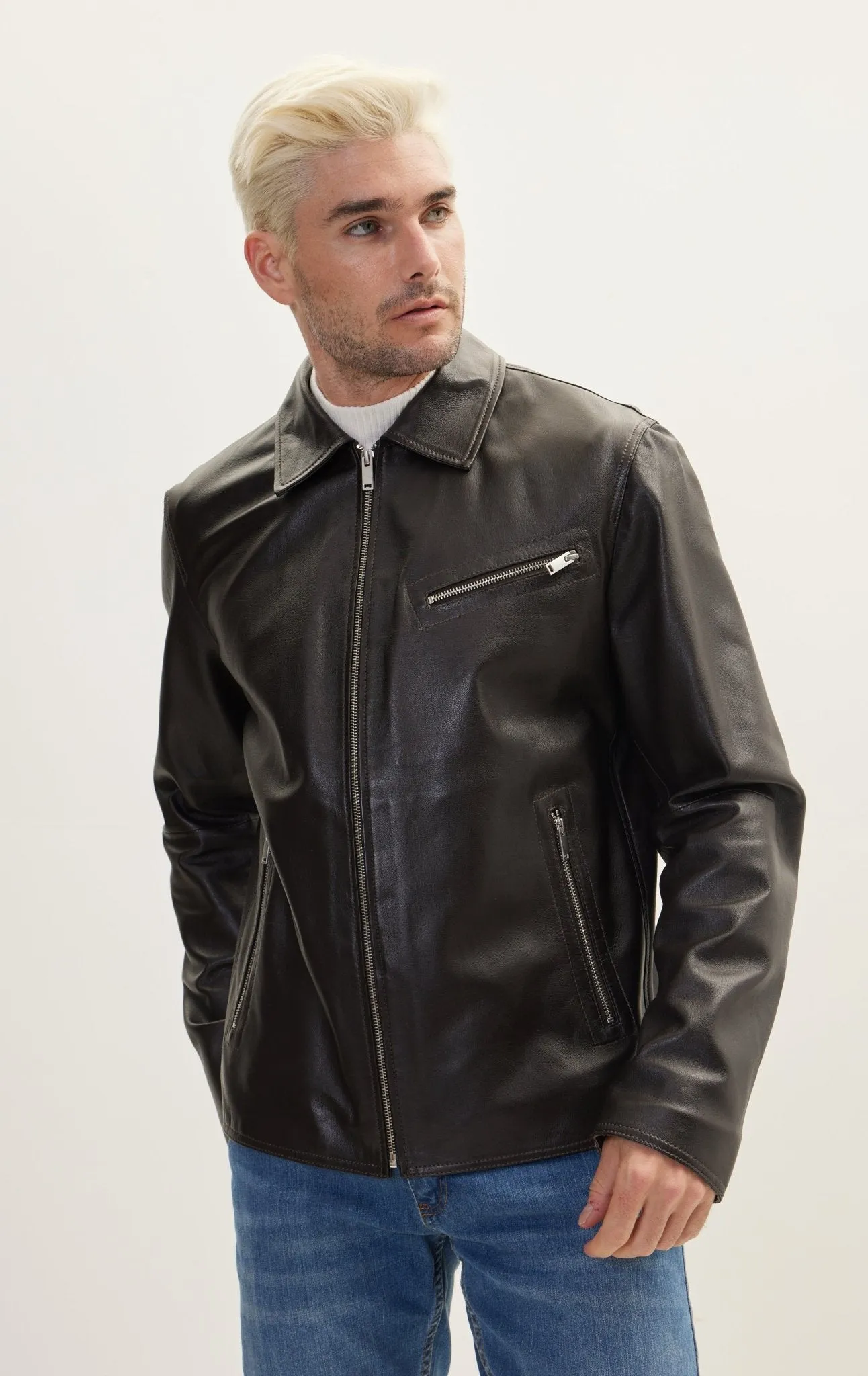 Leather Classic Zip-Up Coat - Dark Brown