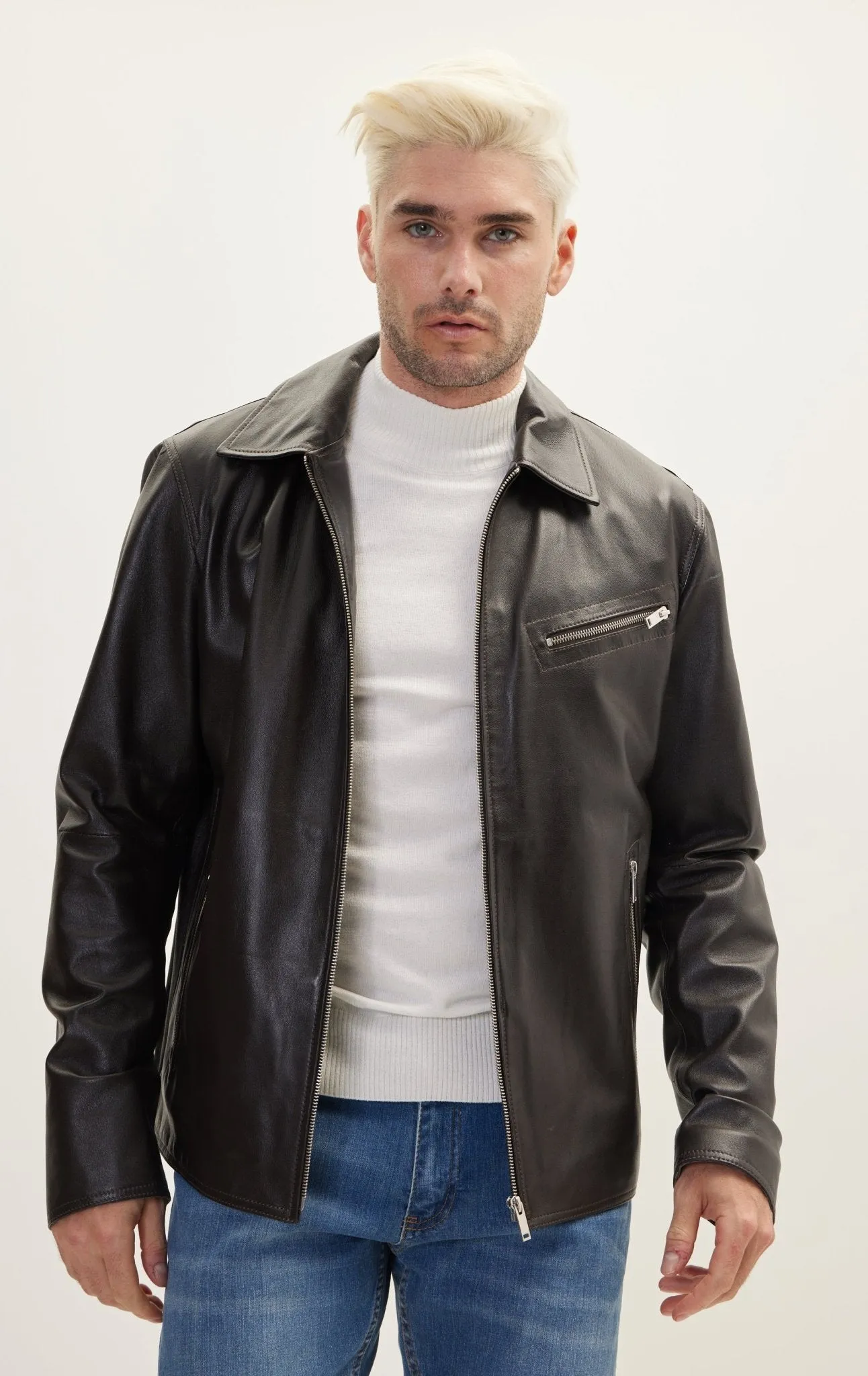 Leather Classic Zip-Up Coat - Dark Brown