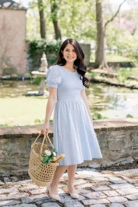 'Neela' Smocked Bodice Cotton Swing Dress in Heather Blue FINAL SALE