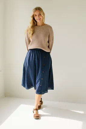 'Reva' Side Button Detail Midi Skirt in Navy