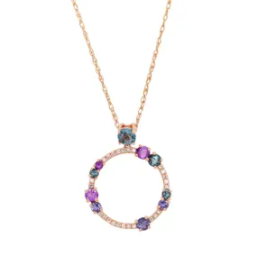 ROSE GOLD CIRCLE PENDANT WITH MULTICOLORED GEMS AND DIAMONDS, .10 CT TW