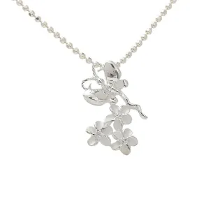 Sterling Silver 3 Plumeria with CZ Butterfly Pendant (Chain Sold Separately)