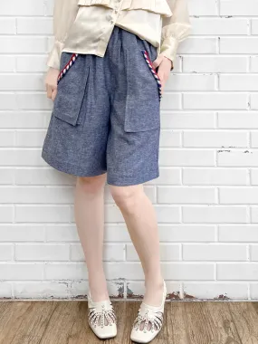 Surprise Sale! Summer Denim Elastic Waist Trimmed Pocket Bermuda Shorts