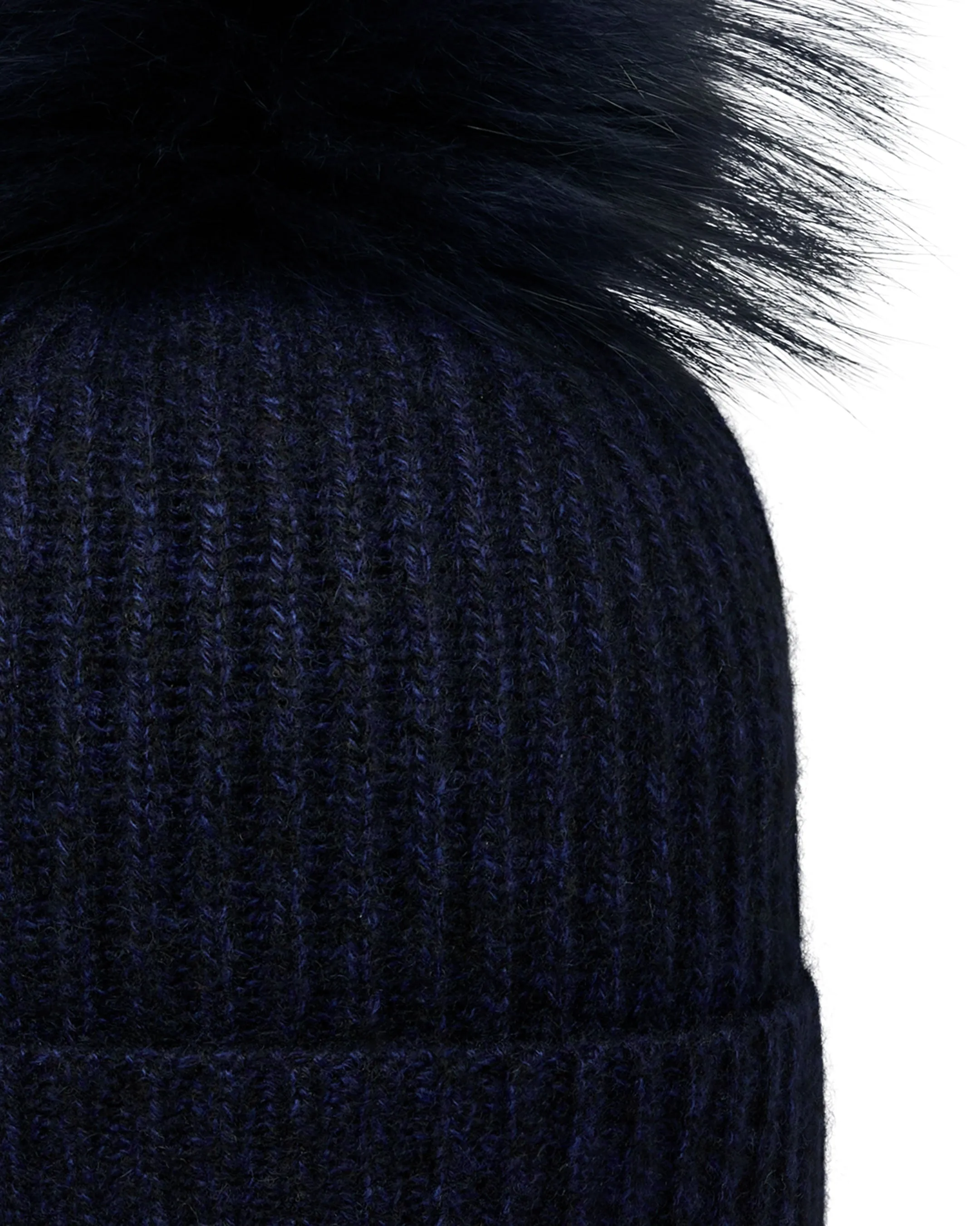 Unisex Ribbed Cashmere Hat With Detachable Pom Navy Blue Melange